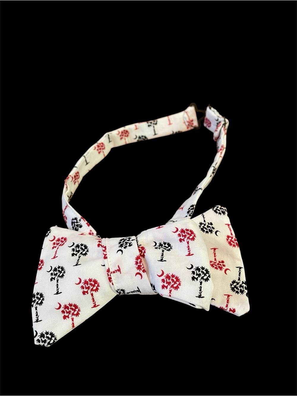 Men’s White Bow Tie with Red & Black Palm Tree Print, Handmade